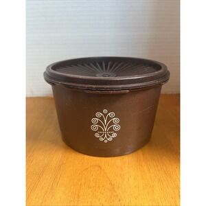 Vintage 70s Brown Tupperware Servalier Scroll Design  Canister with Lid #1266-12